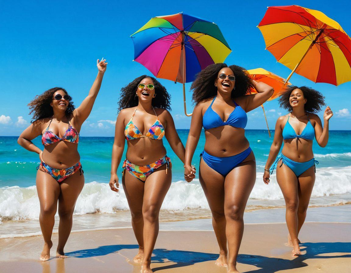 A radiant beach scene showcasing diverse women of all sizes and backgrounds confidently wearing stylish bikinis, laughing and enjoying the sun. The vibrant ocean waves crash in the background, with colorful beach umbrellas dotting the shore. Incorporate elements of body positivity, such as empowering phrases in the sand. The sky is a clear blue, enhancing the joyful atmosphere. bright and colorful. vibrant colors. summer vibe.